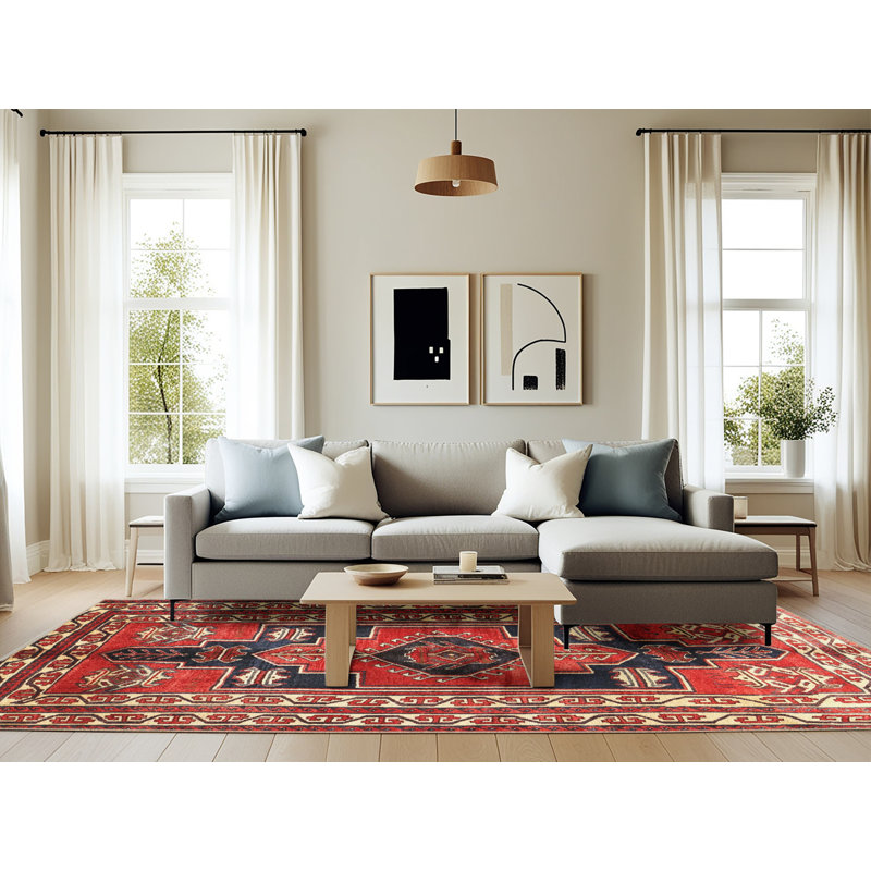Tapis traditionnel rouge / bleu / beige, Rectangle 6 pi x 9 pi
