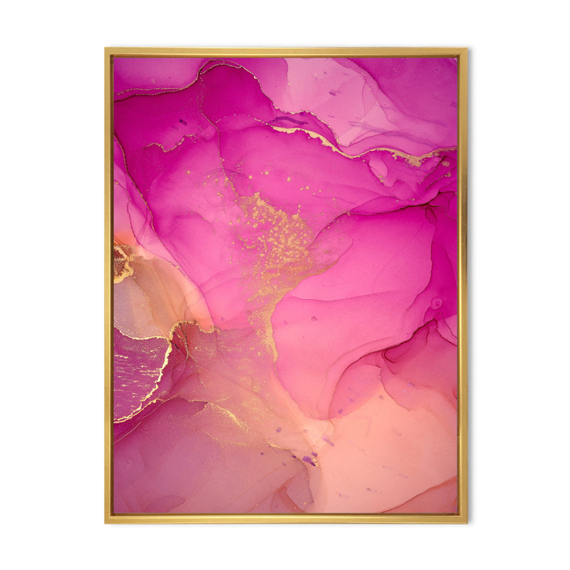 " Pink And Gold Ink Clouds " by Designart, Gold Floater Framed, 44" H x 34" W x 1.5" D
