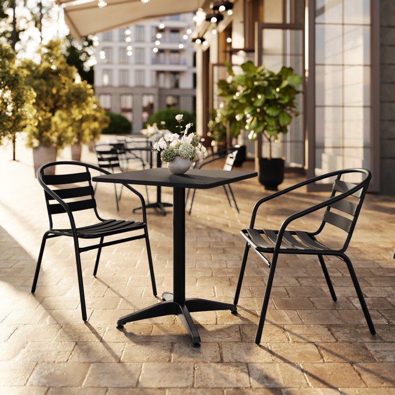 Gearard Square Aluminum Indoor-Outdoor Table Set with 2 Slat Back Chairs, 27.25" H x 23.5" W x 23.5" D, Black