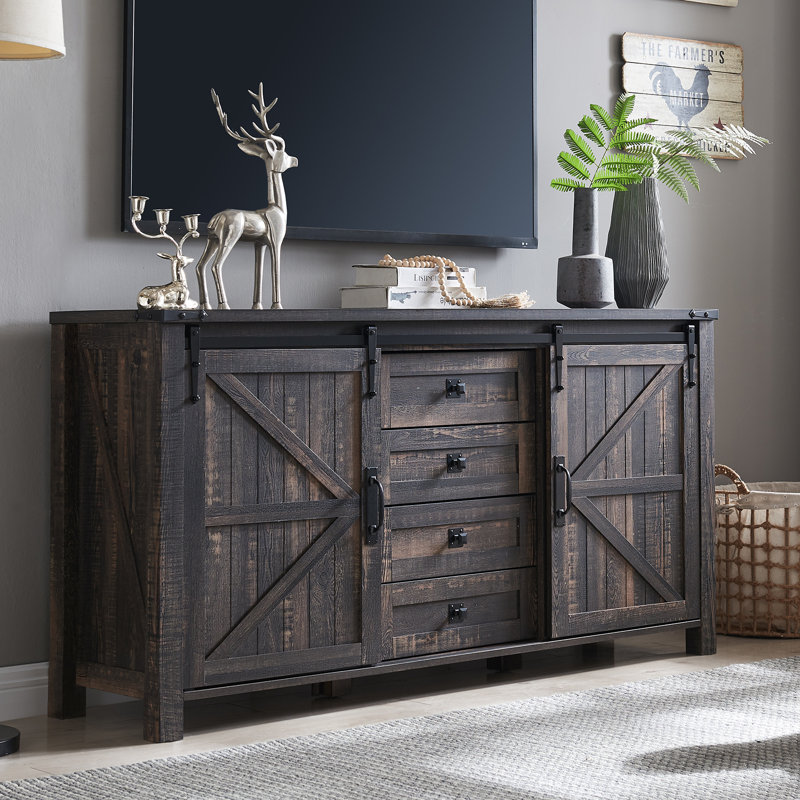 Texola 60" W Farmhouse Chest of Drawers, Wood Bedroom Dresser with 4 Drawers & Sliding Barn Doors, Dark Rustic Oak