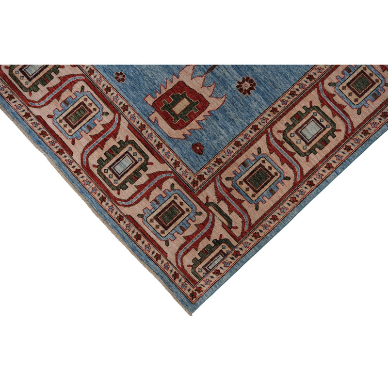 Tapis bleu et beige noué à la main de haute qualité