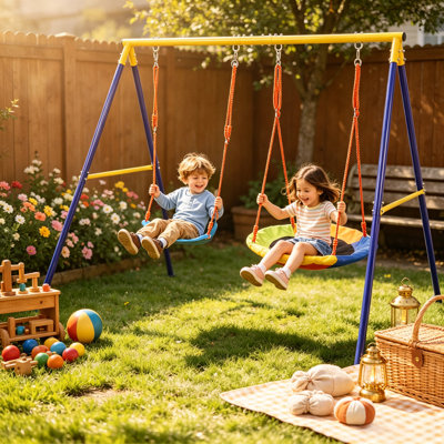Balançoire robuste en métal avec structure en A pour jardin, capacité de charge de 200 kg, support de balançoire extérieur avec 1 balançoire soucoupe et 1 siège de balançoire à ceinture, jaune et bleu