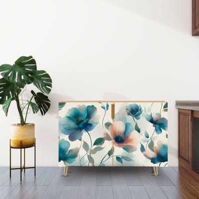 Buffet avec rangement et fleurs abstraites, art floral abstrait grunge avec 2 portes pour le salon et la cuisine