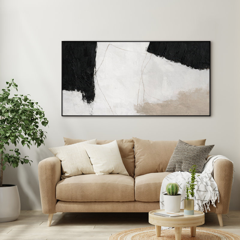 Très grand art mural imprimé sur tissu - Noir, formes minimalistes abstraites, décor de bureau moderne - «Assemblage requis du cadre (cadre non fini)»