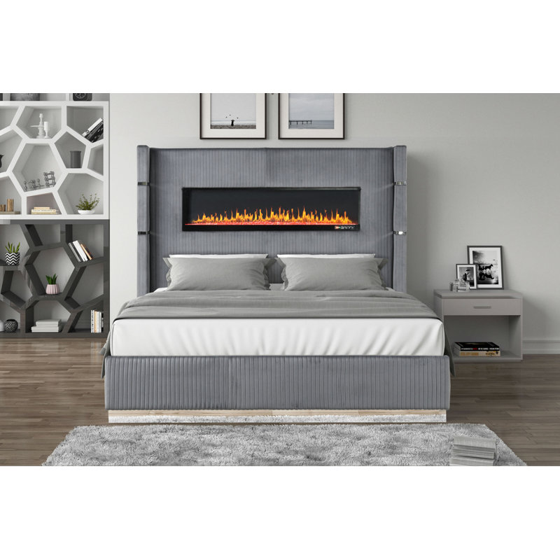 Upholstery Wooden Bed With Ambient Lighting Velvet, Très grand lit, Antique Gray