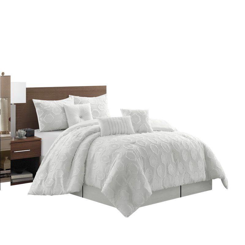 Faust Microfiber 7 Piece Comforter Set, Queen Comforter + 6 Additional Pieces , White