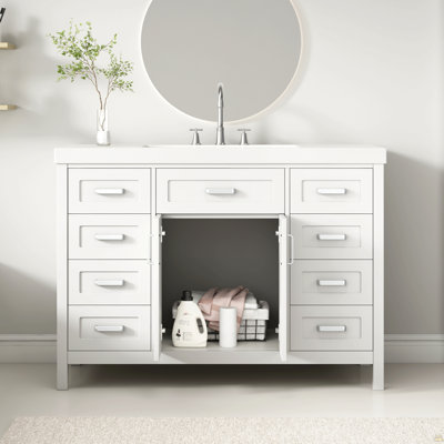 Meuble-lavabo 48 po avec lavabo, 2 portes et 8 tiroirs, système de fermeture en douceur, design classique, blanc