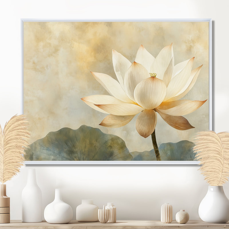 «Neutral Lotus Drift I», reproduction sur toile beige zen, Cadre flottant noir, H 30 po x l 40 po