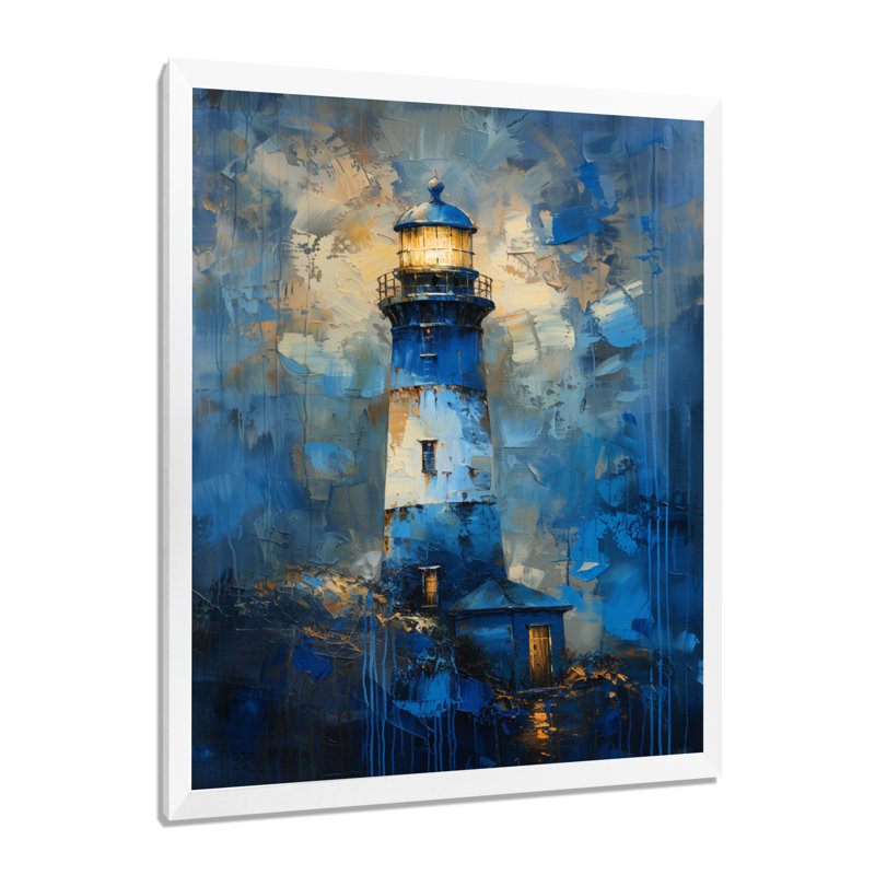Tempête bleue tour de phare I - impression d'art mural phares, H 12 po x l 20 po, Cadre simple blanc