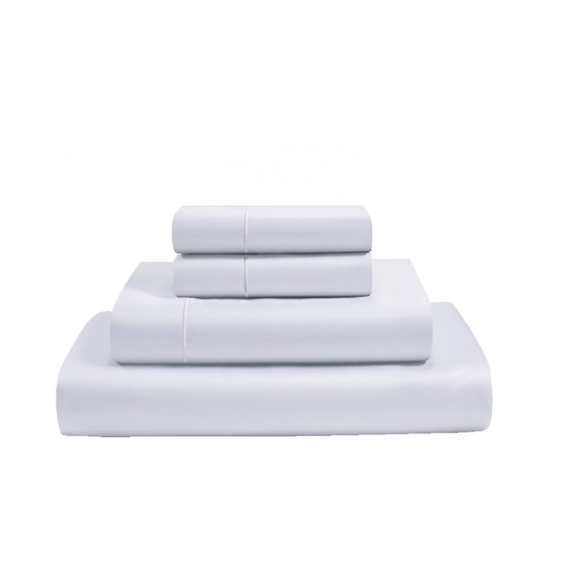 400TC Luxurious Single Embroidery Sateen Solid Cotton 4 Piece Sheet Set Fitted Sheet Fits Upto 16" Deep Pocket, White