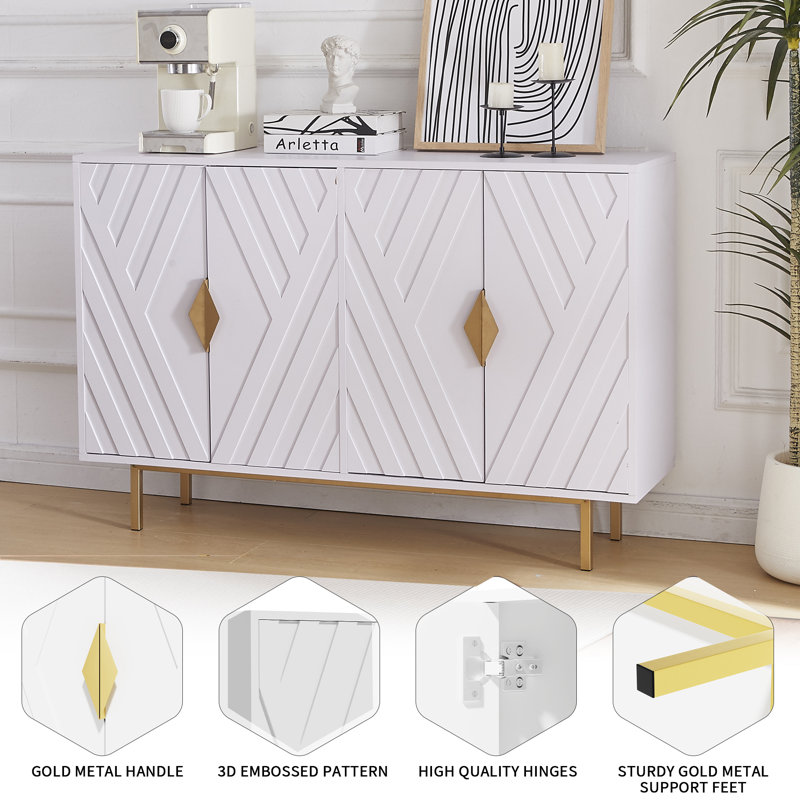 White Geometric 47.2" Modern Sideboard Cabinet with Gold Accents