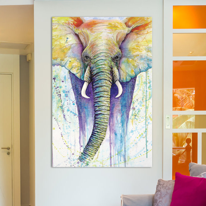 «Elephant Colors» par Michelle Faber, peinture sur toile tendue, H 18 po x l 12 po x P 1,5 po, Toile tendue, Pas de tapis
