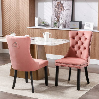 Tufted Solid Wood Velvet Upholstered Dining Chair With Wood Legs Nailhead Trim 2-Pcs