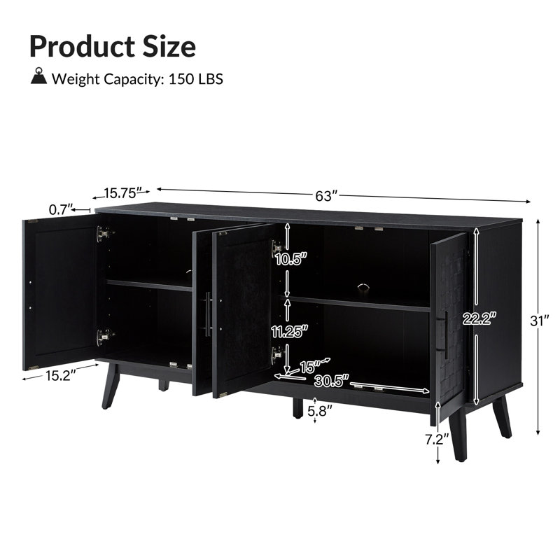 Buffet moderne de 63 po de largeur avec tablettes réglables Aleksei, Noir