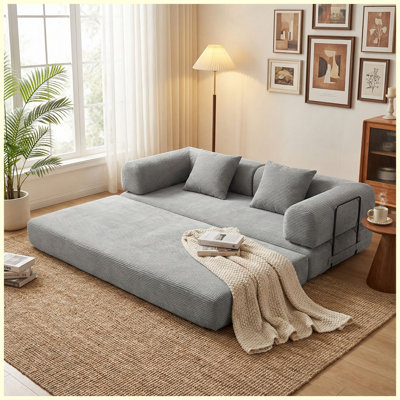 3-Seater Convertible Sleeper Sofa Bed with Mattress, Grey Velvet Upholstery, Space-Saving Pull-Out Couch for Small Apartment, Living Room, Guest Room
