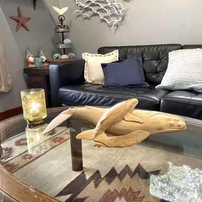 Magnifique figurine de table baleine à bosse et bébé en bois de teck sculpté