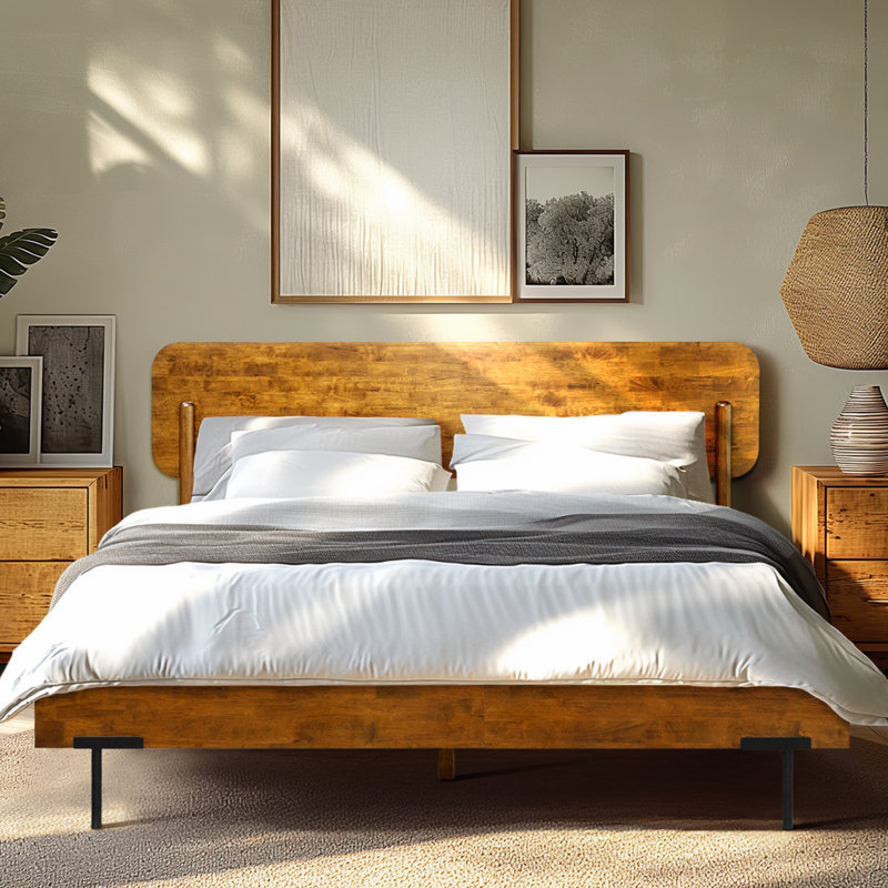 King 800 lbs Heavy Duty Solid Wood Platform Bed with Headboard, Premium Scandinavian Bed Frame, Non-Slip Noise-Free, Quick Assembly, Caramel
