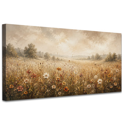 Art mural rétro sur toile paysage de prairie fleurie, décoration murale champ de fleurs sauvages pour le salon ou la chambre à coucher, œuvre de paysage de campagne champêtre, tendue avec châssis, prête à accrocher, (12 po x 24 po)