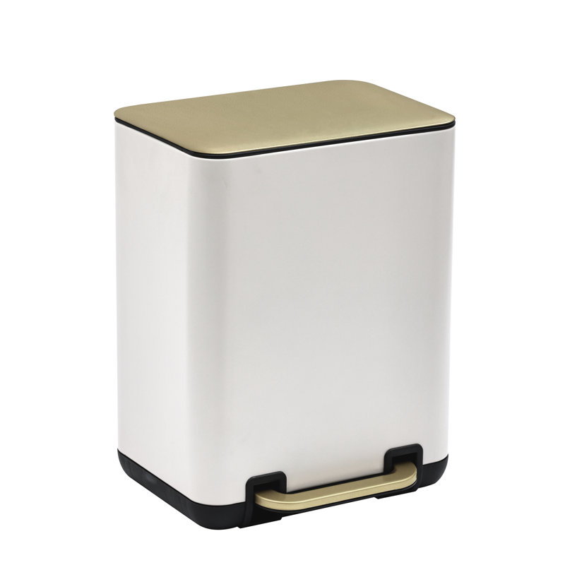 6 Litre / 1.58 Gallon Rectangle Step On and Slow Close Trash Can with Plastic Inner Buckets, White/Gold