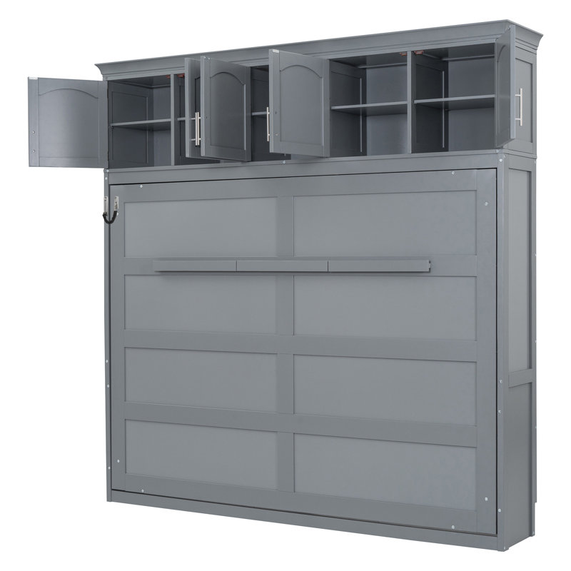 Lit escamotable double pleine grandeur avec armoires supérieures, gris, Gris, Lit double