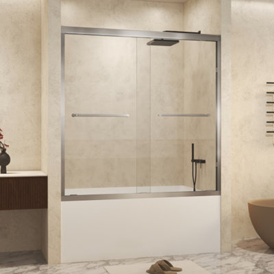 Porte de douche coulissante double 56 à 60 po x 60 po - Verre trempé de 1/4 po avec film antidéflagrant, cadre en aluminium, poignée en acier inoxydable