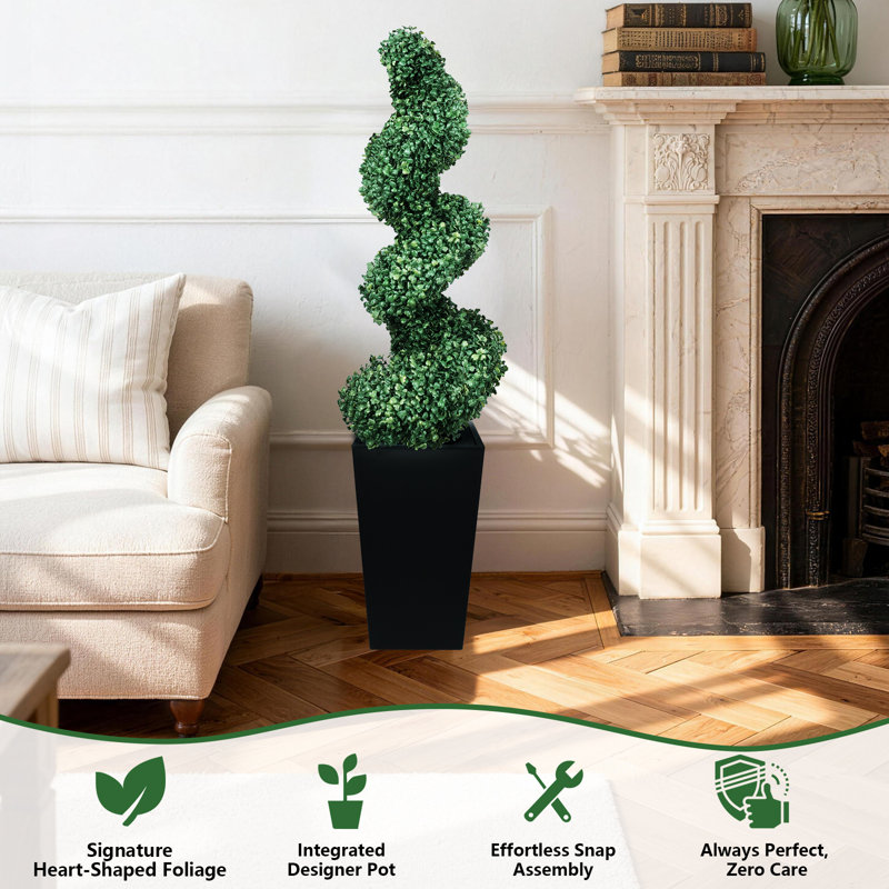 Artificial Boxwood Spiral Topiary Tree with Tall Black Planter, 3ft 2 Pack, 3ft