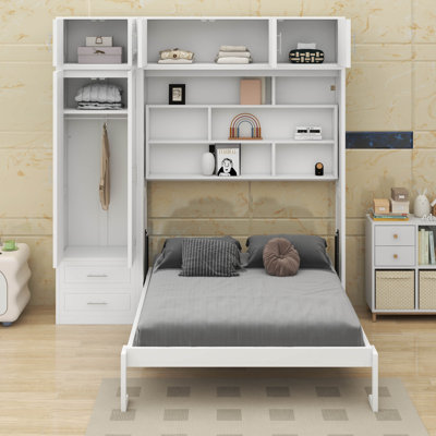Queen Size Wall Murphy Bed With Top Cabinet,Shelves And Wardrobe