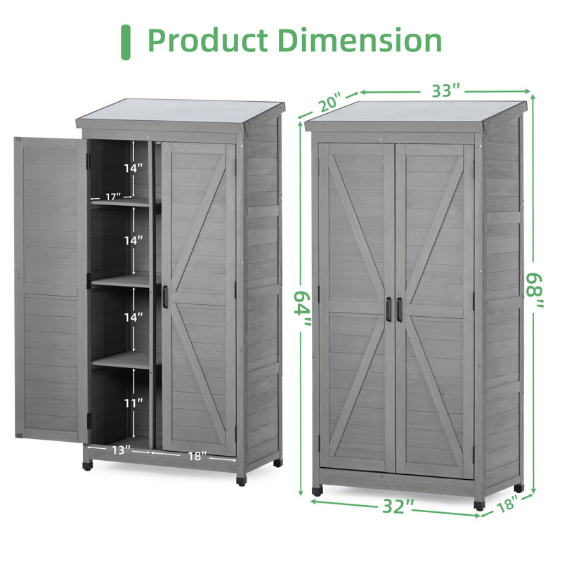 Wooden Outdoor Storage Shed With Metal Top, Tall Vertical Tool Cabinet For Patio Garden Backyard Lawn, Gray
