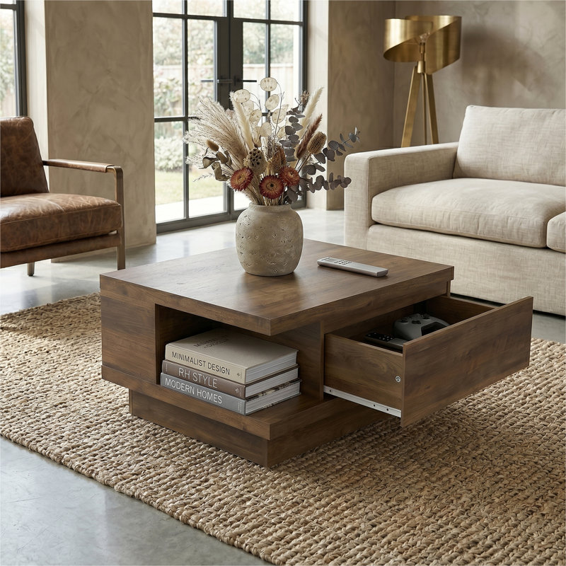 Caomhan 31.3" Modern Storage Coffee Table With Drawer, Knotty Oak