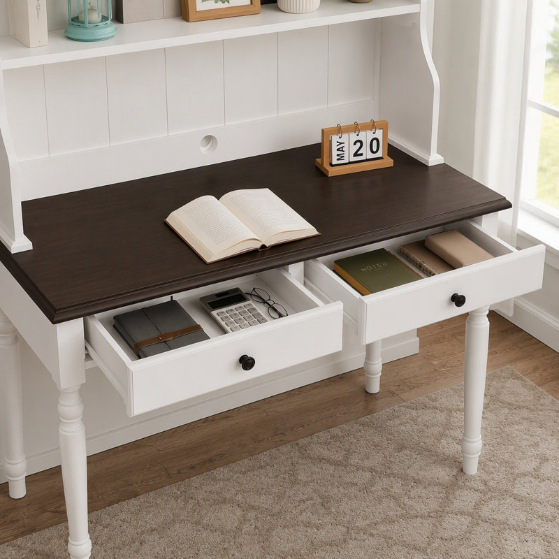 Bureau Mid-Century avec 2 tiroirs, huche et passe-câbles, Espresso/blanc