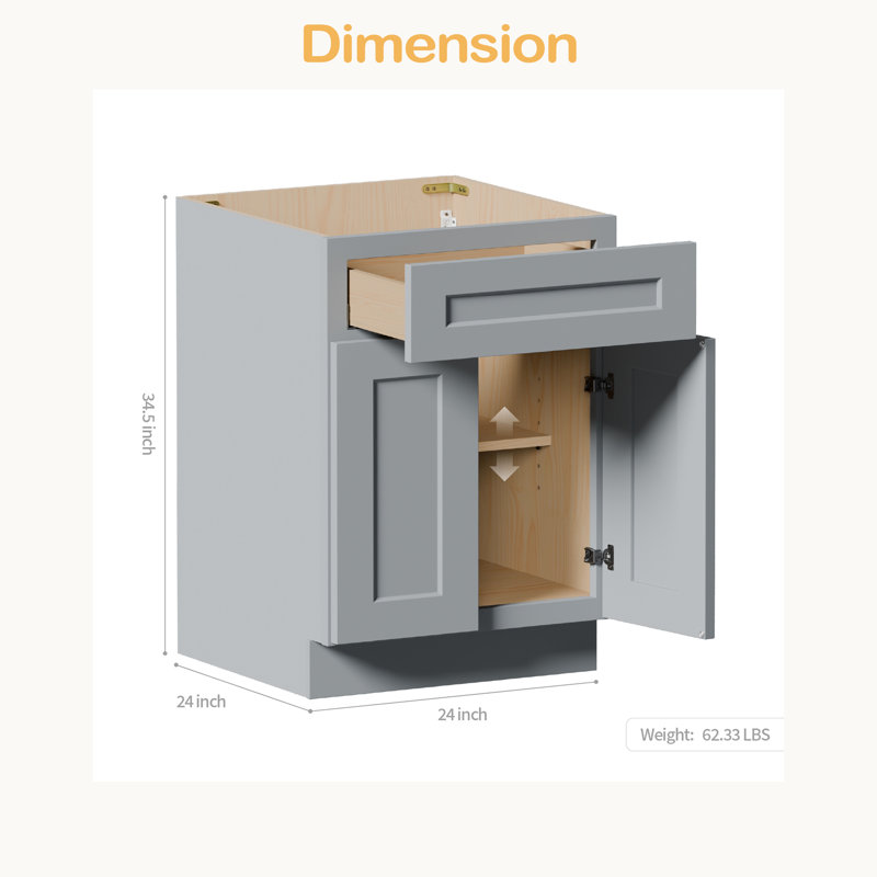 Armoire 24 po avec porte à fermeture en douceur, tiroir, unité de rangement en bois massif avec tablette réglable pour la cuisine