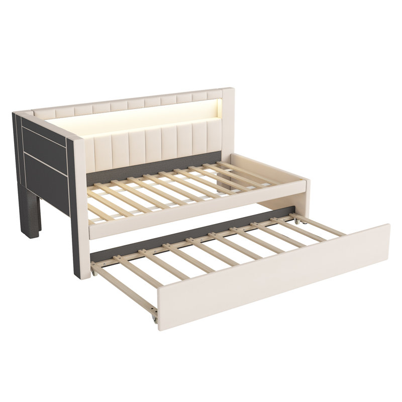 Upholstered Twin Size Platform Bed with USB Ports and LED Belt, With Trundle, White