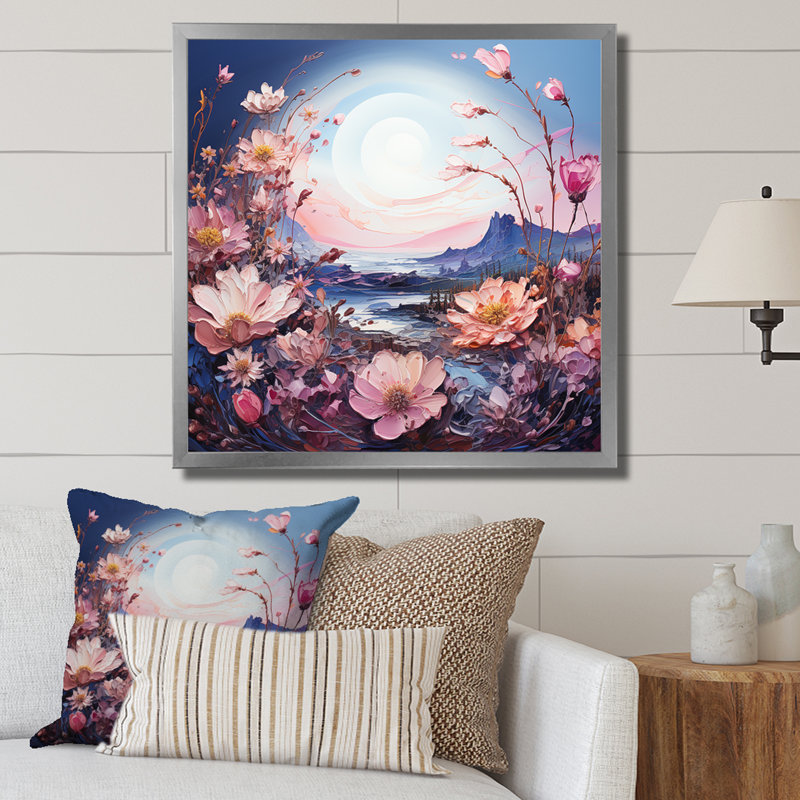 Lune mauve avec paysage de rêve, Cadre simple argenté, H 24 po x l 24 po x P 1 po