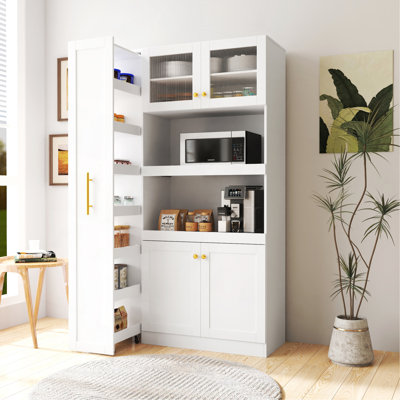 Kitchen Pantry Cabinet With Multi-Functional Pull-Out Multi-Tier Storage Shelf,Farmhouse Storage Cabinet With 4 Doors,Pantry Organizers For Kitchen,Dining Room(White)