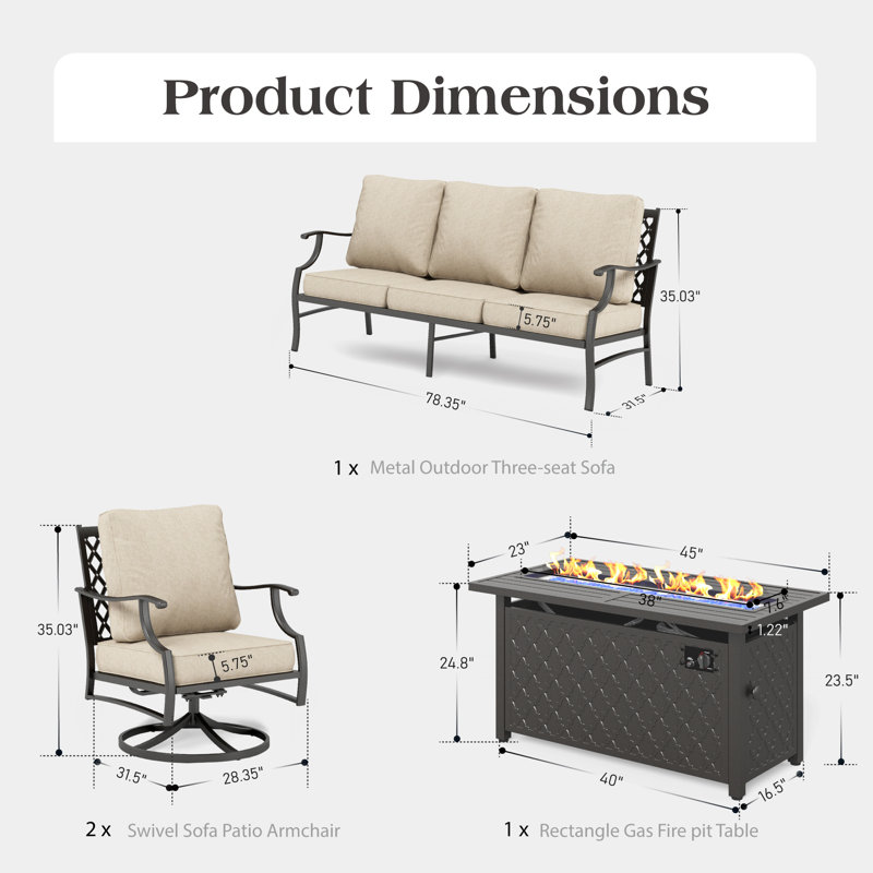 Asfand 5 - Person Patio Conversation Set with Swivel Lounge Chairs & Firepit Table, Beige