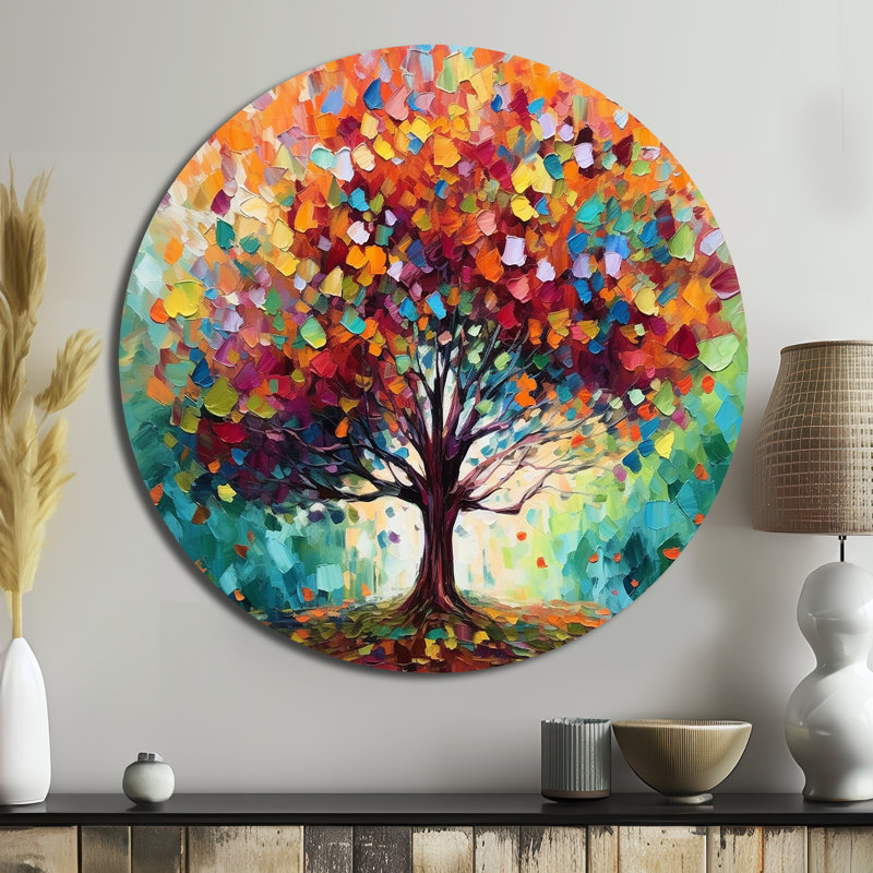Corail chêne à la ferme I - Paysages, art rond en métal, H 16 po x l 16 po