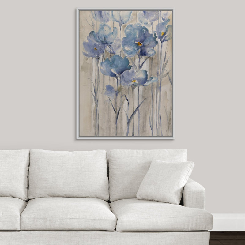 « blue pétales ascendanting ii », peinture sur toile, H 41,7 po x l 31,7 po x P 1,75 po, Cadre flottant blanc