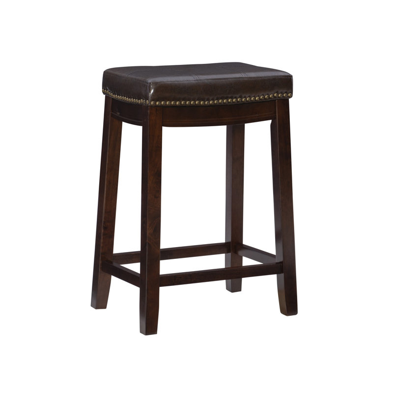 Tabouret de comptoir et de bar en bois massif sans dossier avec siège rembourré Bartonville, Brun similicuir / Brun foncé
