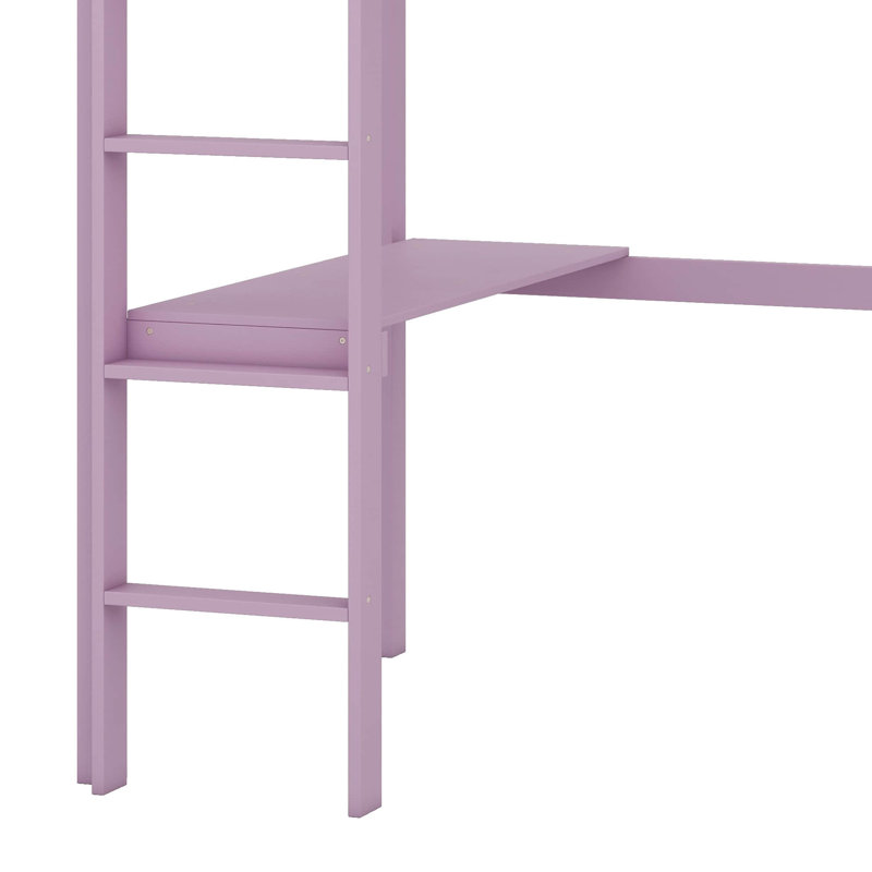 Lit mezzanine simple taille haute (bois d'hévéa) - barrière de sécurité, bureau intégré et échelle, Rose