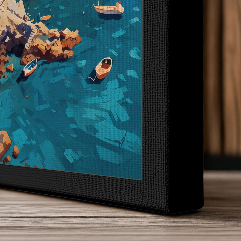 Clifftop Mediterranean Village Coastal - Wrapped Canvas, 24x16 - 61.0 x 40.6 cm, Black Border