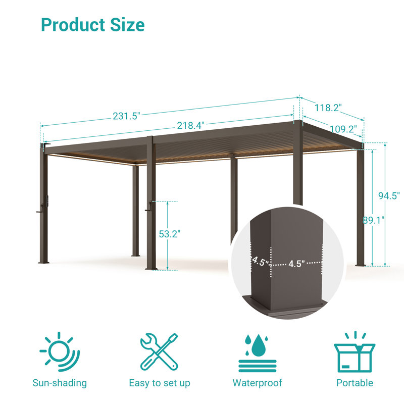 LED Light Metal Pergola with Adjustable Louvered Roof with Solar LED, 10 ft x 20 ft