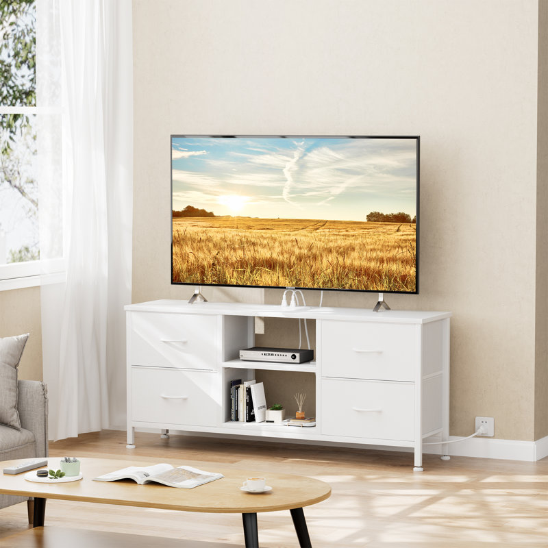 Janeesa TV Stand Dresser with Power Outlet ,Fabric Storage, Chest of Drawers With 4 Fabric Drawers Open Shelves for 50" TV