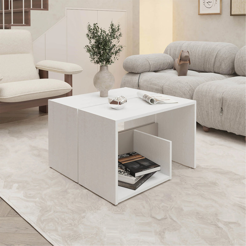 Table basse en chêne foncé et noir avec rangement ouvert, table basse, table de salon, Blanc, Blanc, Blanc / beige