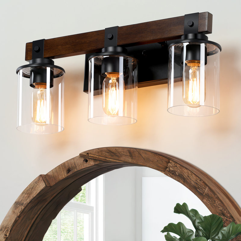 Modern Farmhouse Wood Vanity Light, Solid Wood & Black Metal Bathroom Vanity Lights With Clear Glass Shade, 3 Lights