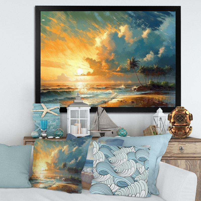 «Yellow and Blue Coastal Escapes», reproduction d'art mural plage, H 16 po x l 32 po x P 1 po, Cadre noir
