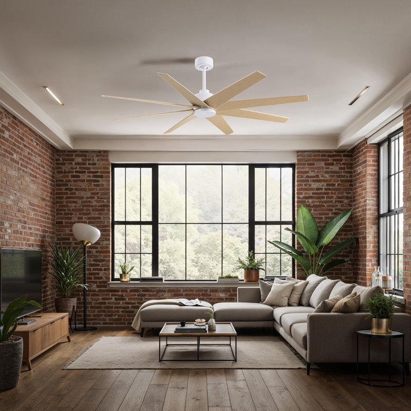 Ariella - Ventilateur de plafond à huit pales, Ton érable clair, Blanc mat
