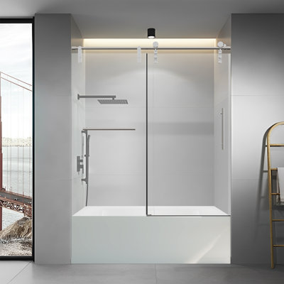 56-60" W * 66" H Frameless Single Sliding Shower Doors, Bathroom Sliding Shower Door With Towel Rail And Auxiliary Handle, 5/16" (8mm) Thick Sgcc Tempered Glass Door, Chrome