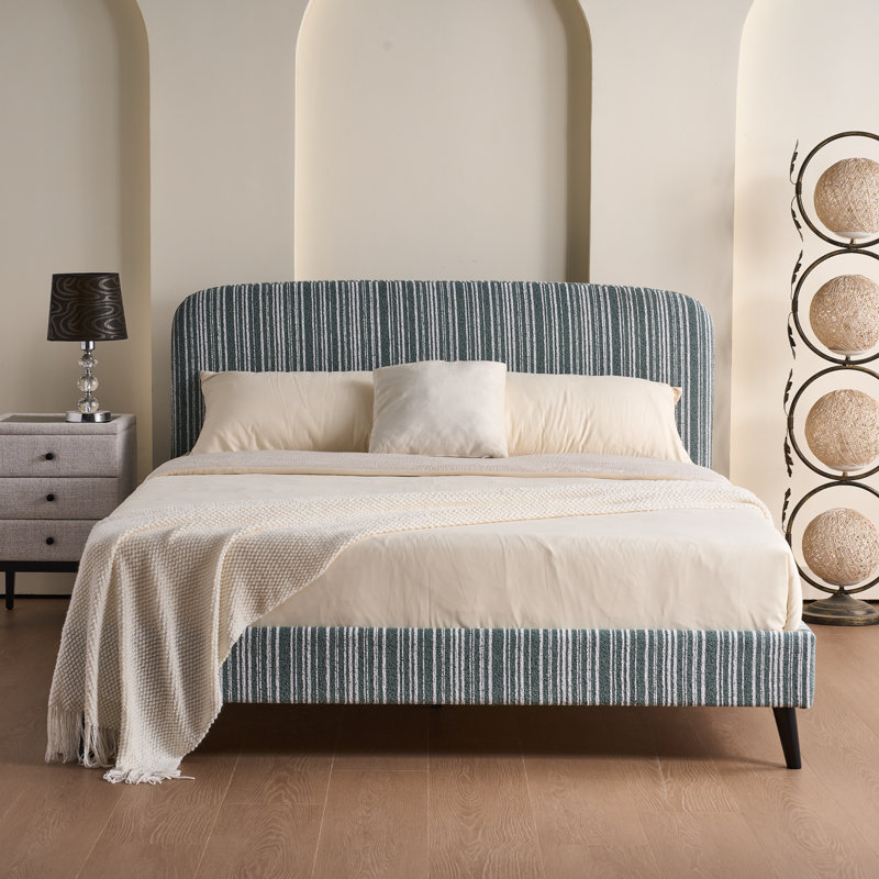 Structure de lit double tapissier pleine grandeur, sans sommier, lin, sable et vert, Double, Sable et vert
