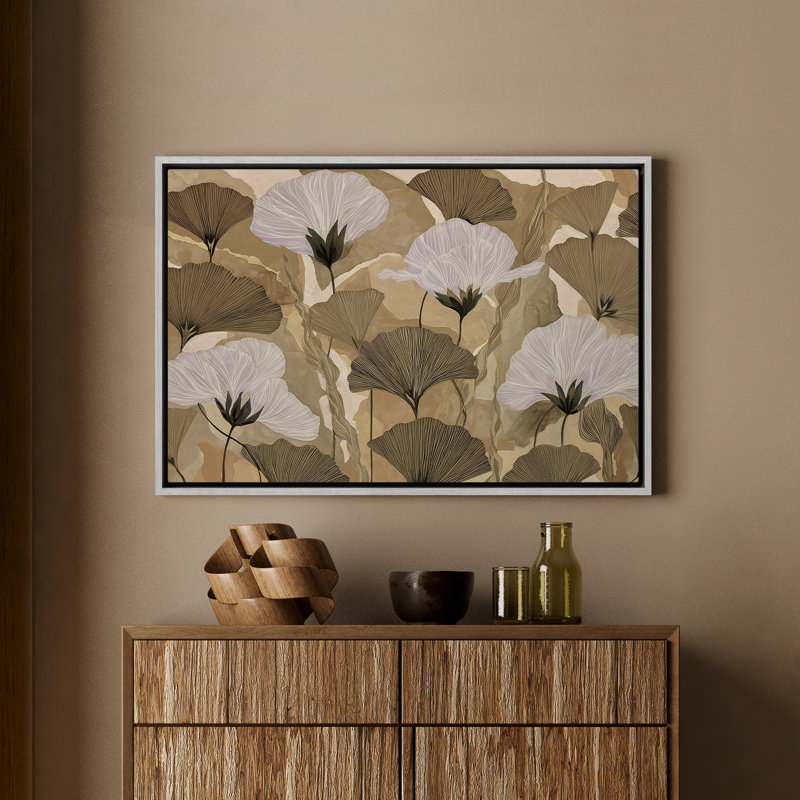 "Neutre", motif floral botanique avec feuilles de ginkgo, impression encadrée, H 16 po x l 24 po, Blanc