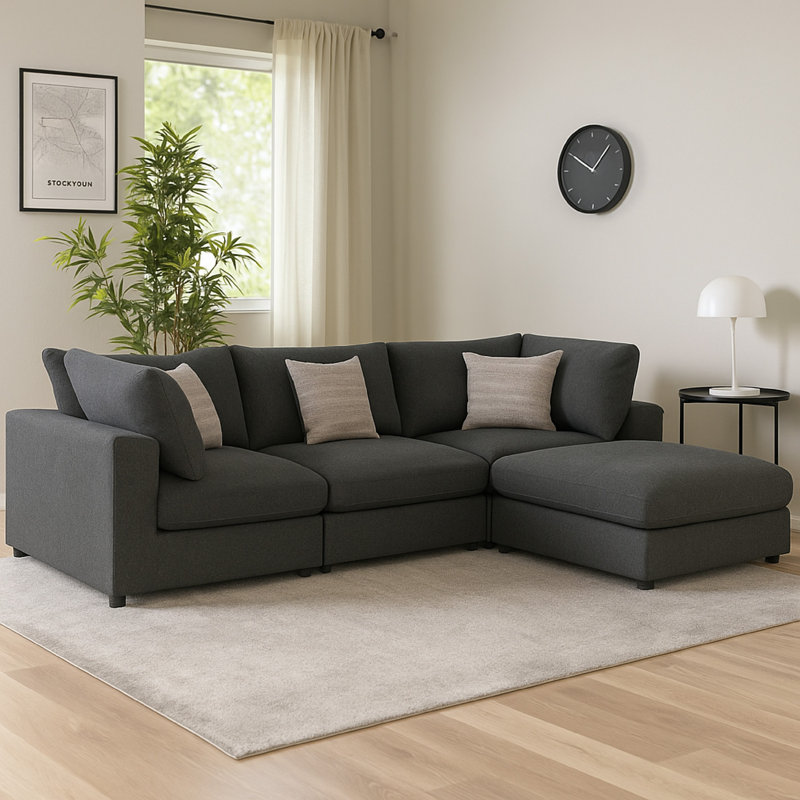 Canapé modulaire avec repose-pieds 4 pièces Serena, Tissu gris anthracite / mélange de lin / jacquard